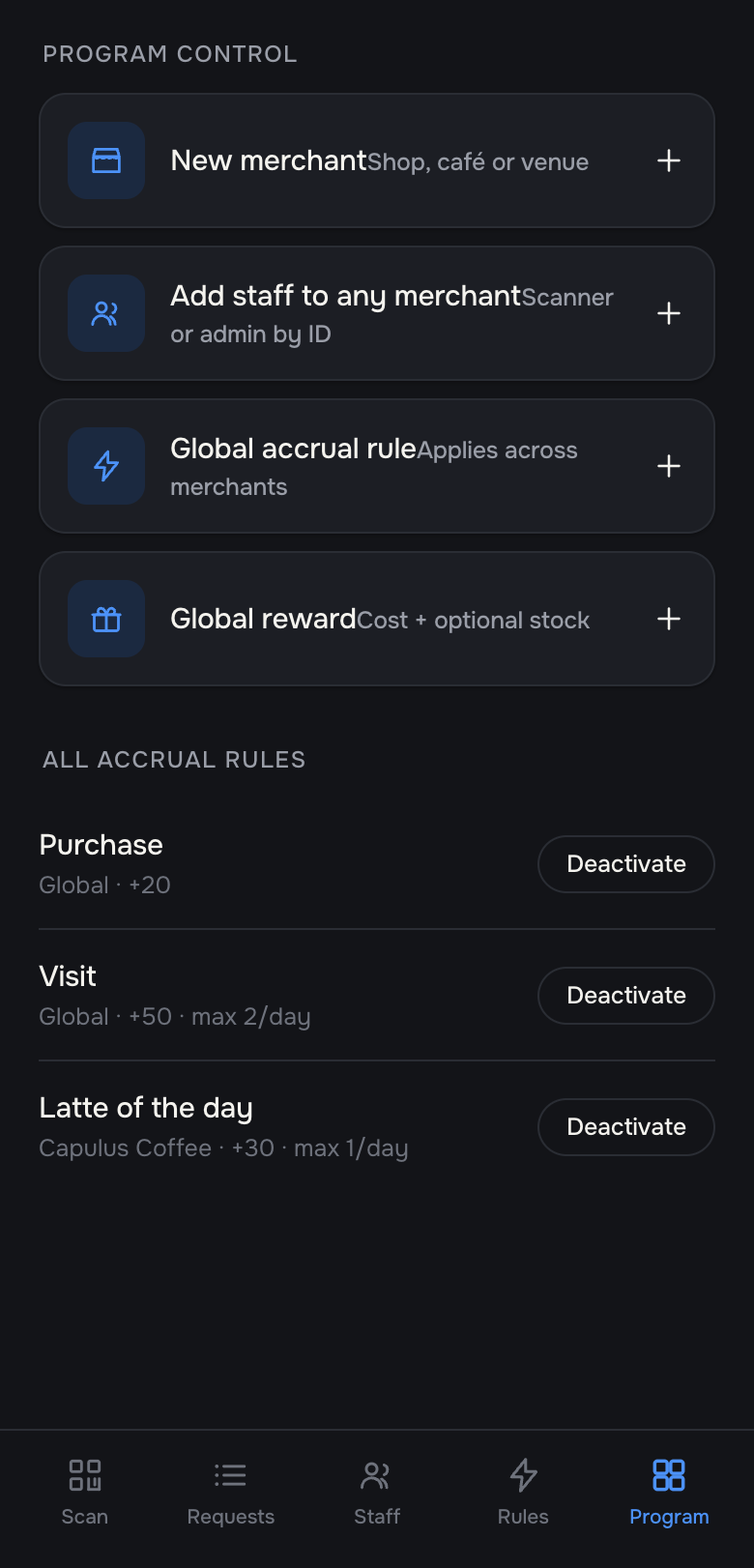 Super-admin Program tab: create merchants, rules and rewards, and every accrual rule in one list
